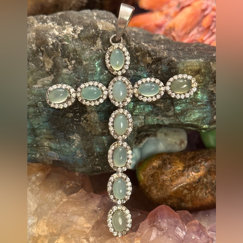 Chalcedony 925 Solid Sterling Silver Huge Cross - image 2